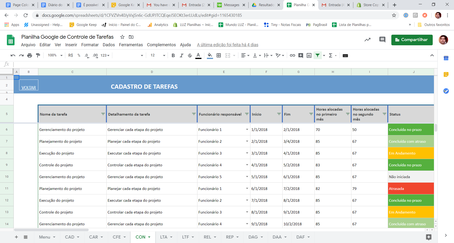 Planilha Google de Controle de Tarefas